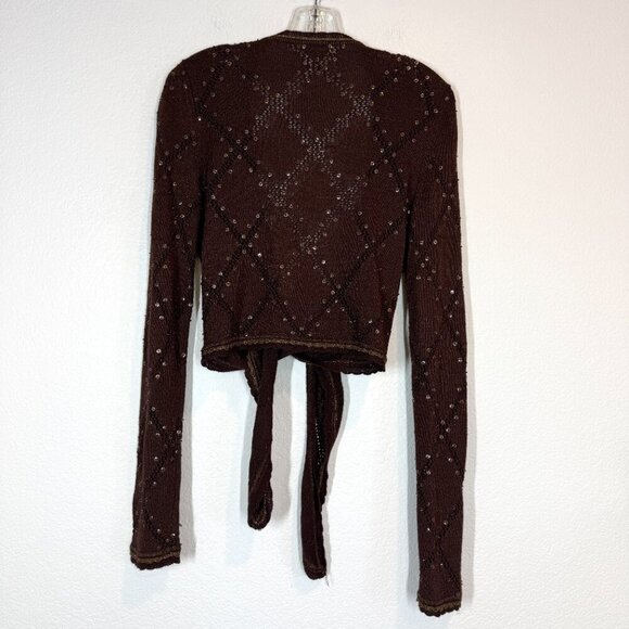 Vintage Cache Cropped Brown Sequin Y2K Sweater Shrug Fairy Grunge Tie Medium - Picture 3 of 10